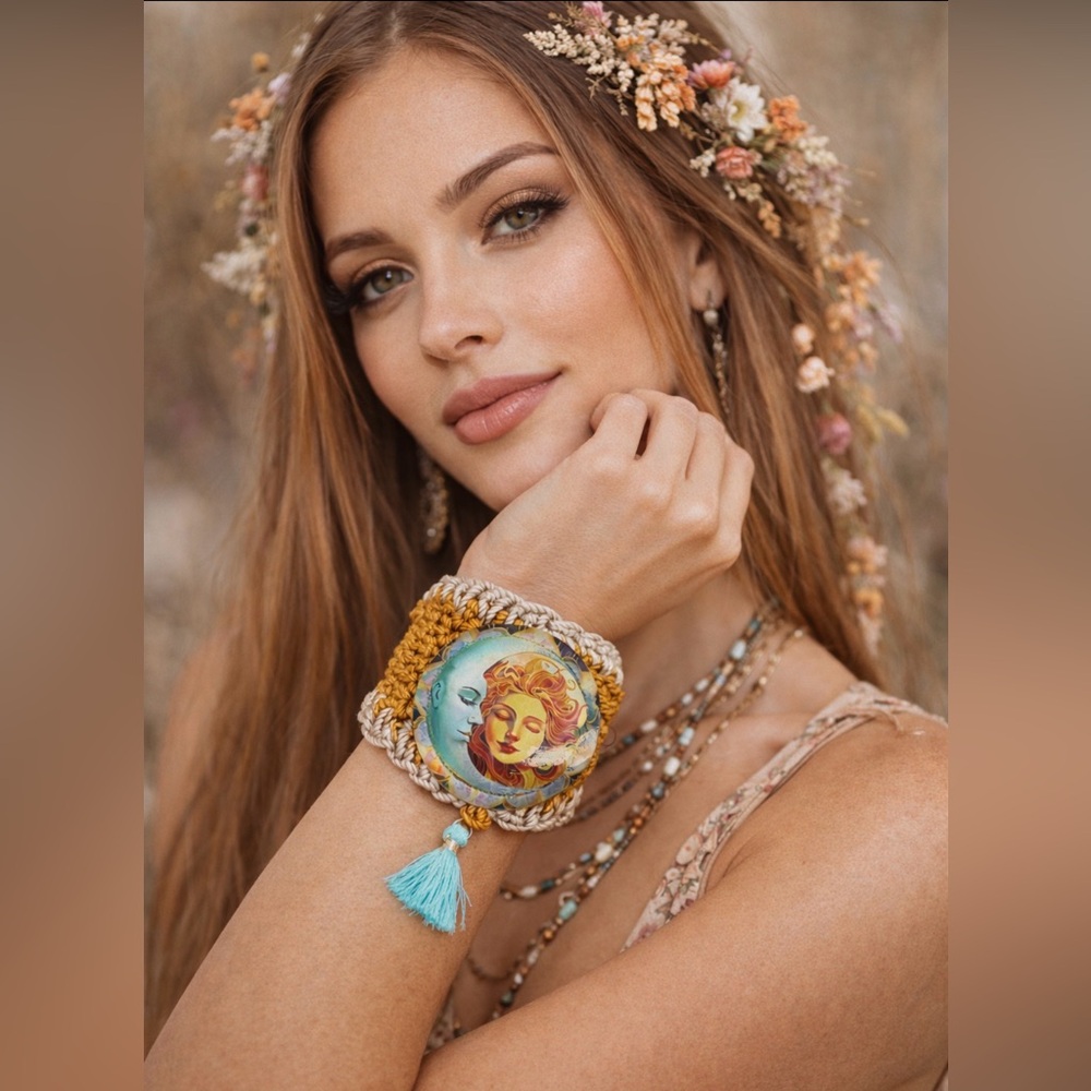 Hand Knits 2 Love Crochet Bracelet Cabochon Sun Moon Tassel Designer Nature Boho